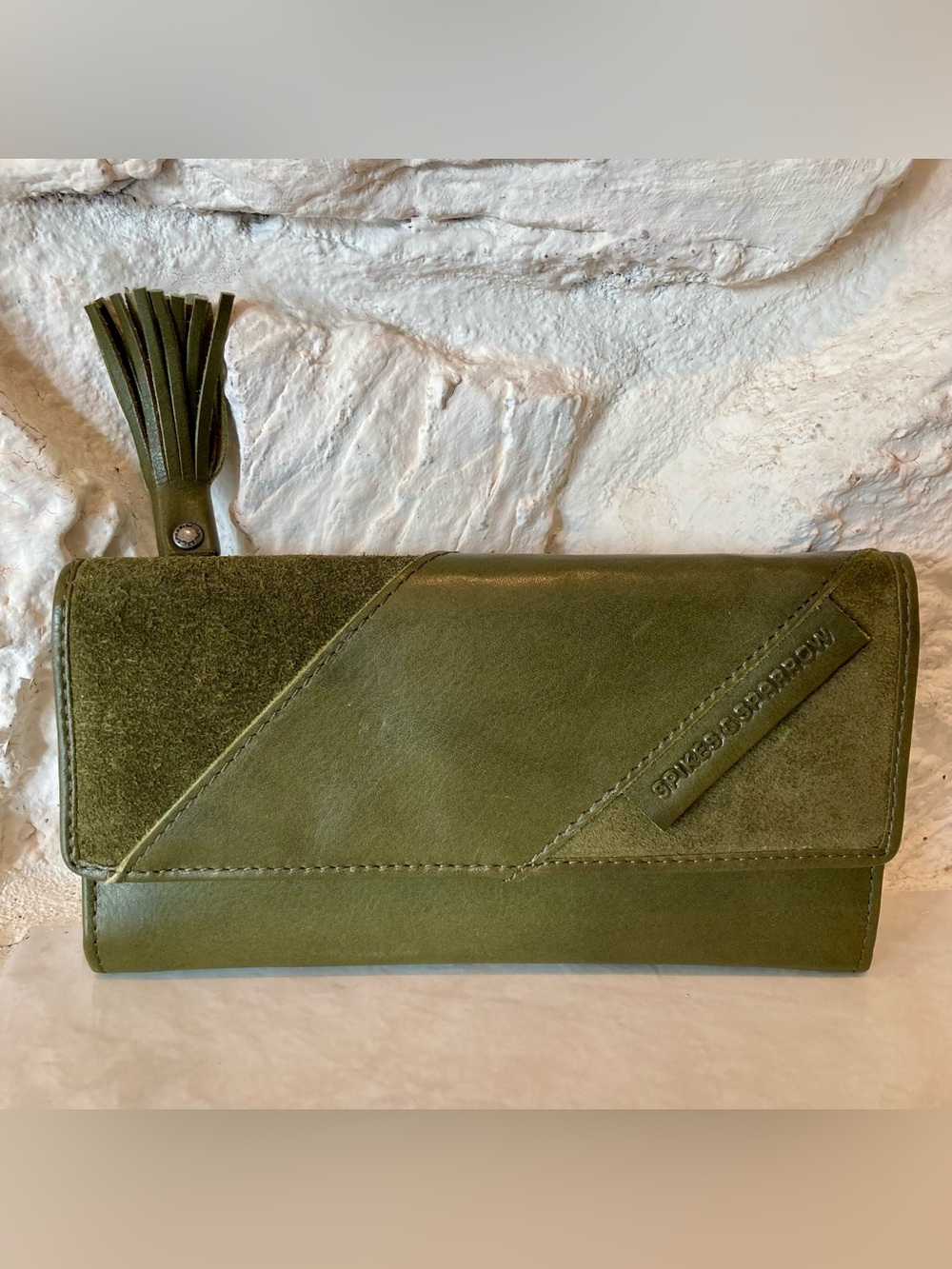 Olive Green Women's Leather Wallet Clutch with Tassel